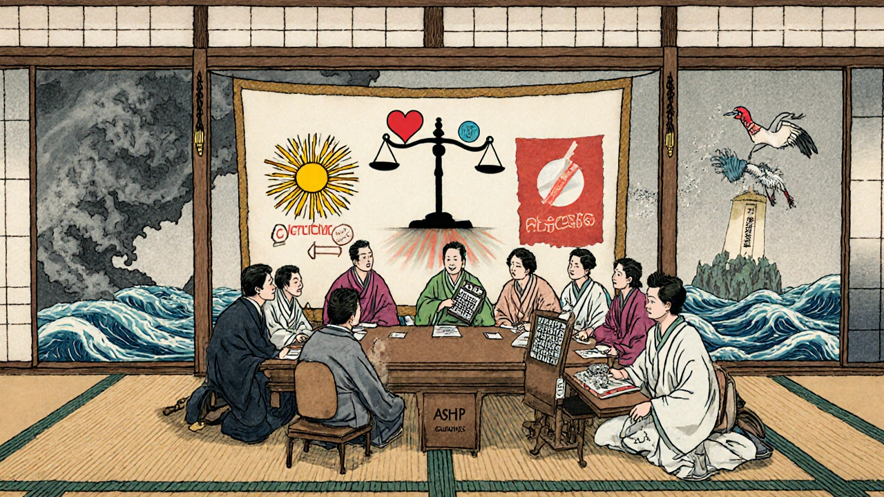 A P&amp;T committee debates drug approvals under a scroll depicting safety, effectiveness, and affordability, with a crane symbolizing guidance.