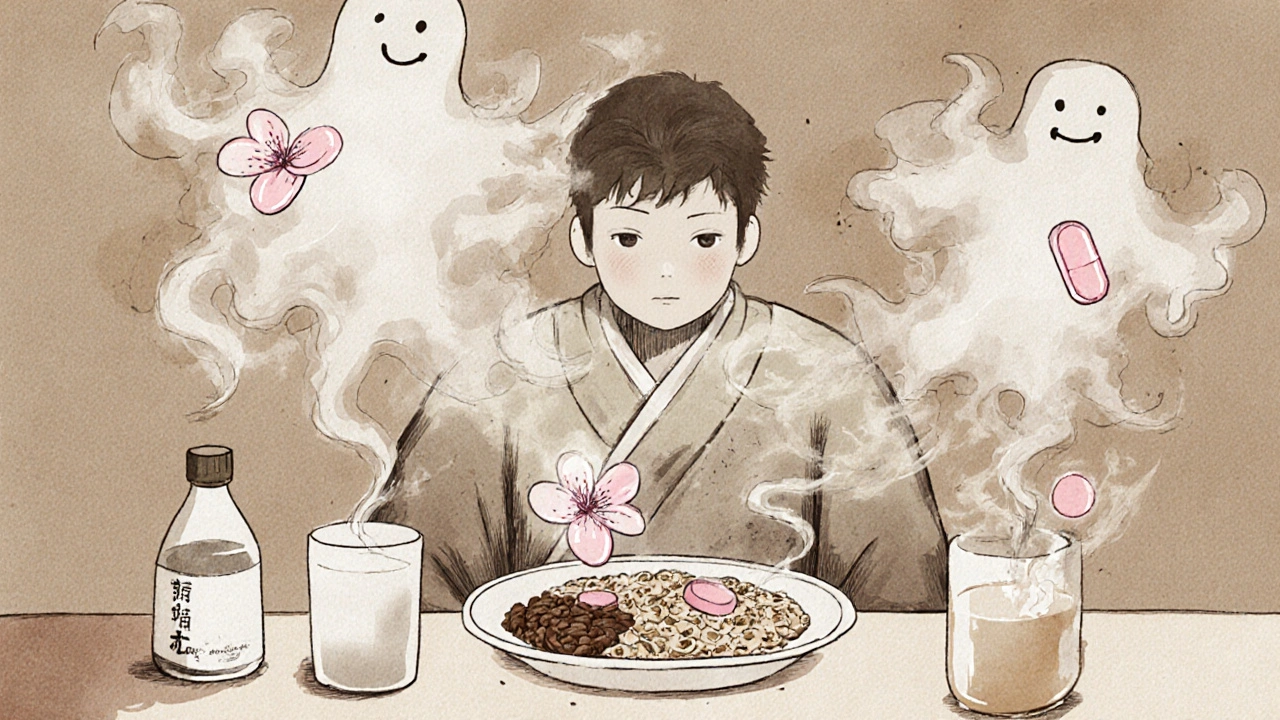 A patient&#039;s breakfast blocking medication with ghostly pills, coffee steam, and calcium clouds in ukiyo-e art style.