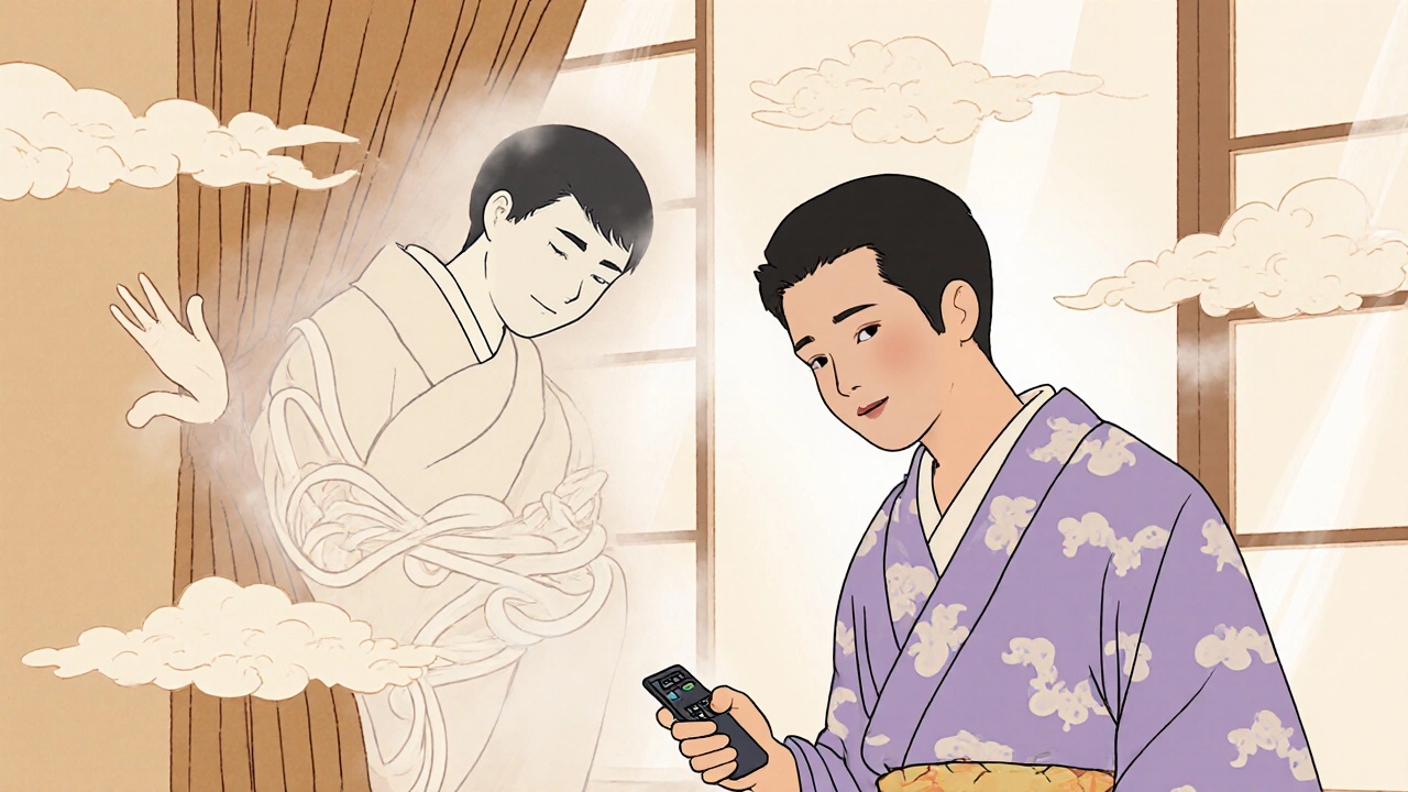 A patient holds a remote control as their former tired self fades away, symbolizing freedom from CPAP, in ukiyo-e inspired art.