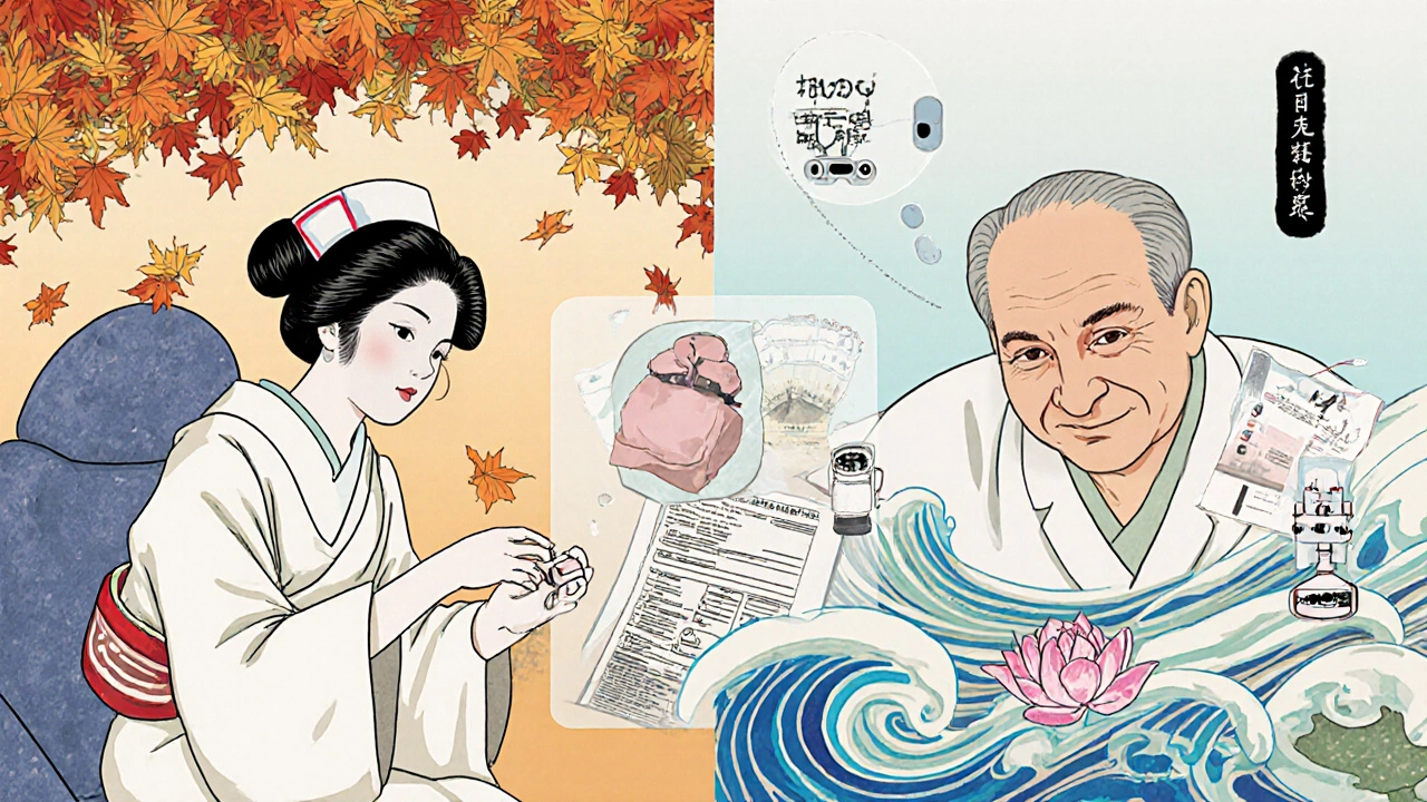 A patient receives a generic pill as ink waves show its journey from lab to bloodstream, with lotus flowers symbolizing better health.