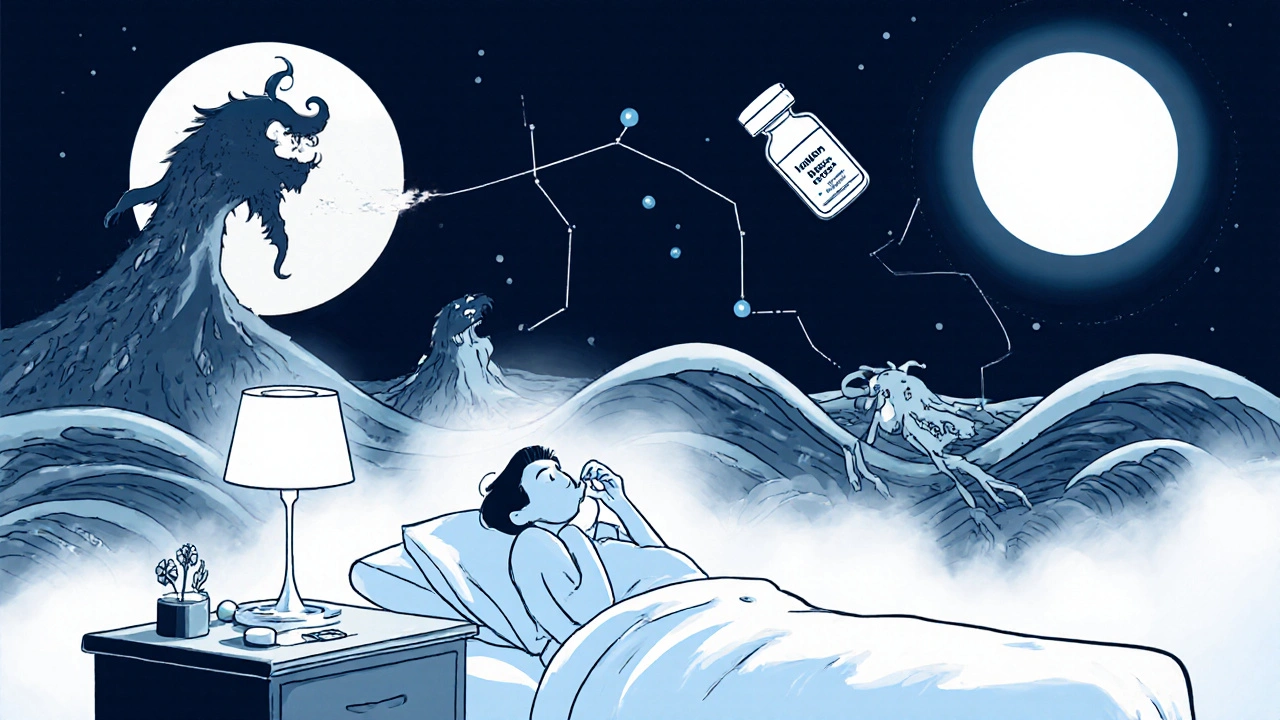 A patient takes nighttime medication as moonlight calms sleep monsters into mist.