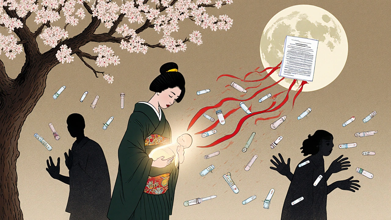 A pregnant woman stands under a plum tree as shadowy STIs are swept away by penicillin vials and test strips.