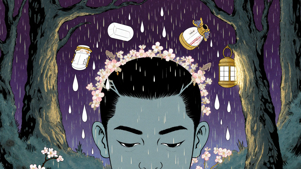 A scalp transformed into a blossoming forest, with minoxidil rain, finasteride spirits, and LLLT lanterns nurturing new hair.