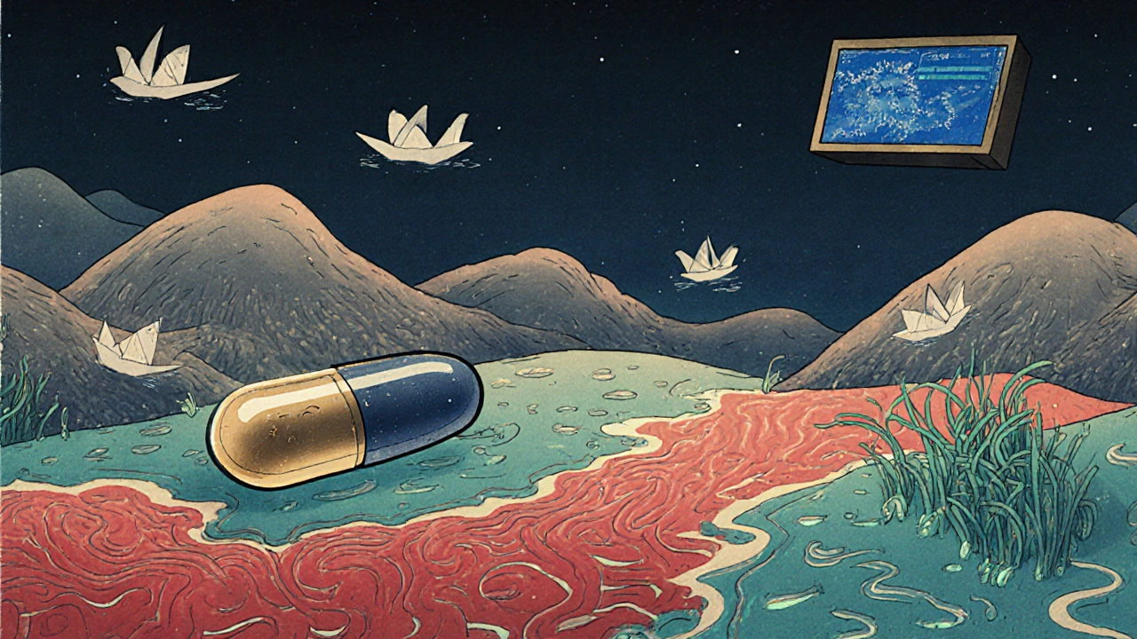 A smart capsule journeying through a glowing intestine landscape with nanoparticles and digital data in ukiyo-e style.