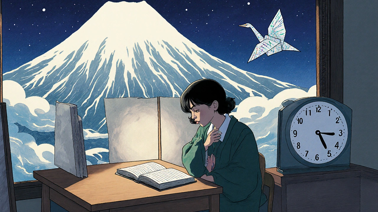 A student at a desk with a giant tonsil looming behind them under moonlight, clock frozen at 3 AM.