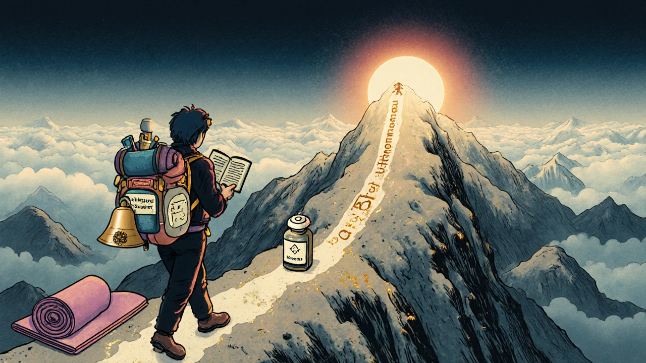 A traveler ascending a mountain with tools for pain management, reaching a sunrise above a growing economic horizon.