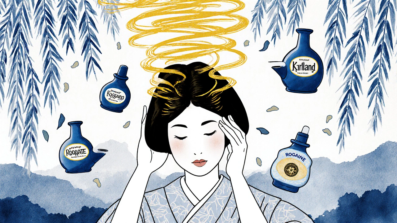 A woman applying generic minoxidil, surrounded by tea-vessel bottles and golden hair strands rising like calligraphy.