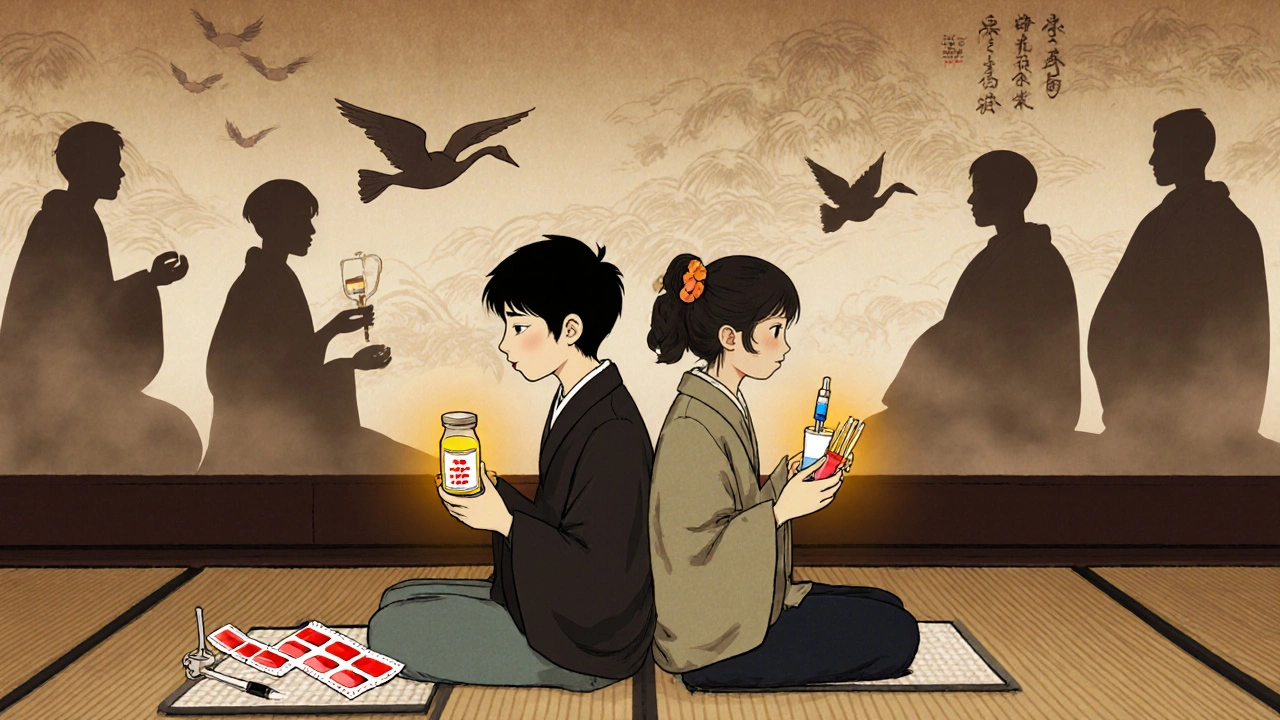 A young couple holds STI test kits, with fading figures behind them representing past sexual partners.