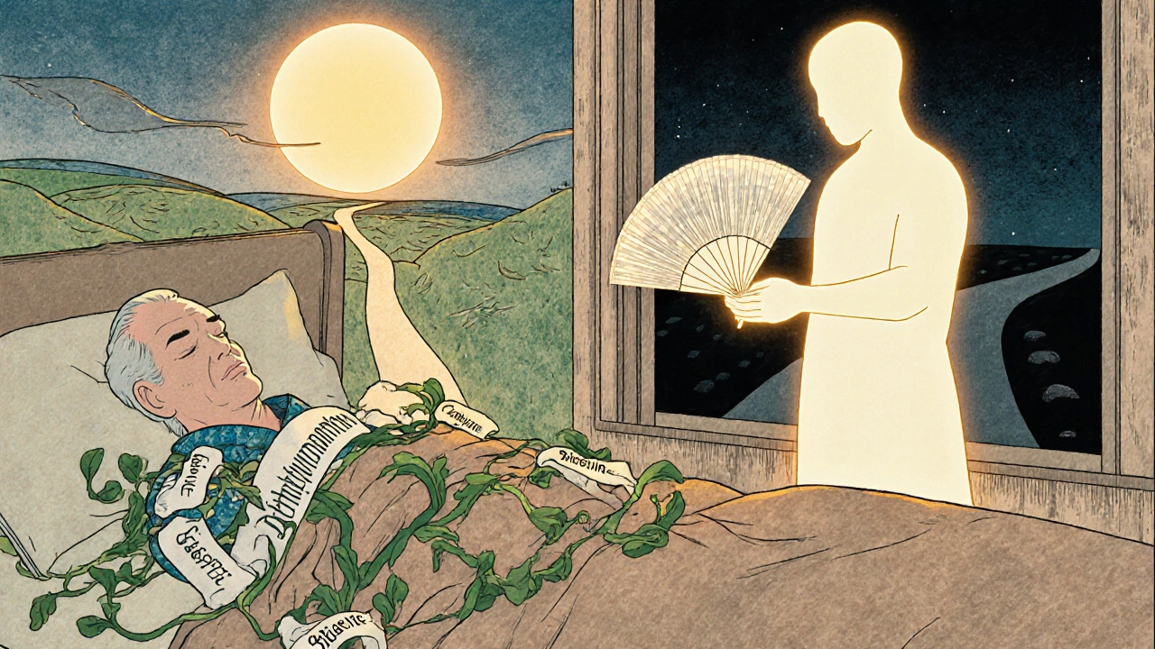 An elderly man freed from sleep-inducing vines by a serene figure representing a non-drowsy antihistamine.