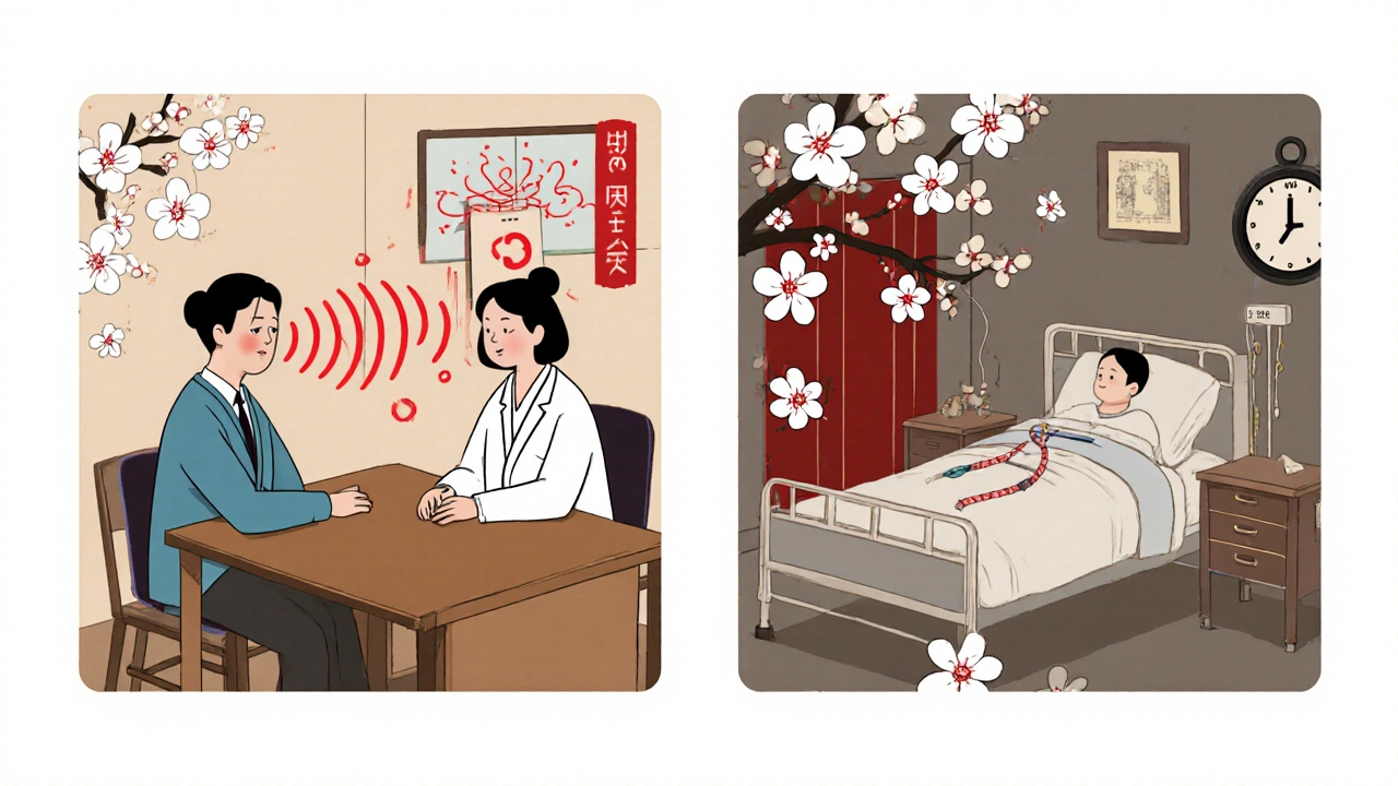 Doctor and patient comparing severe symptoms with hospitalization as serious event