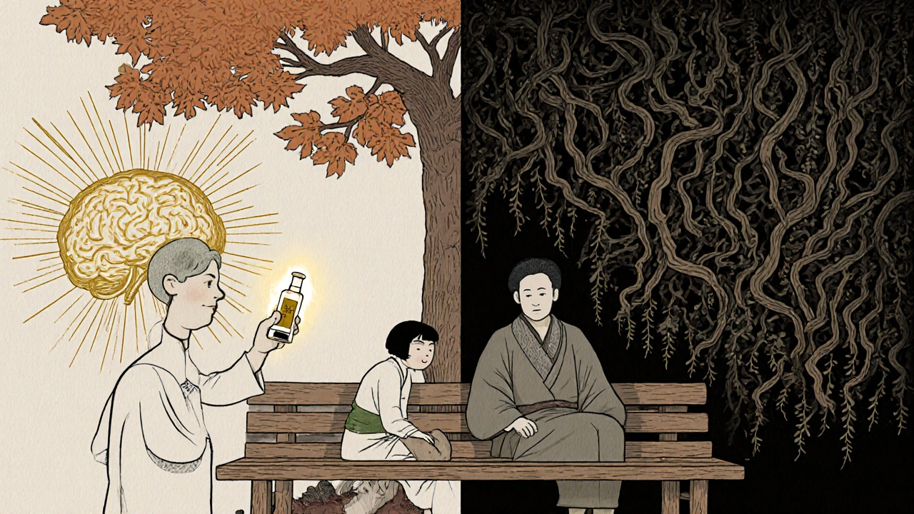Doctor and patient under a tree, with healthy and suppressed HPA axis shown in contrasting ukiyo-e scenes.