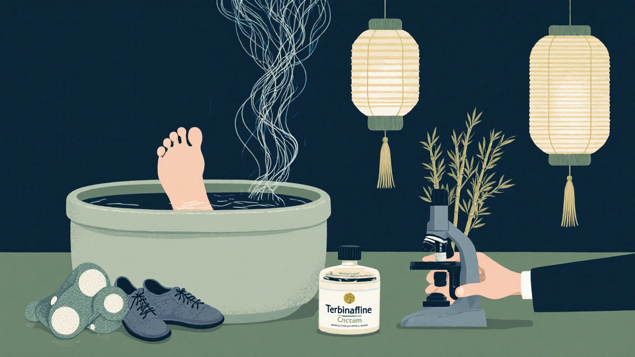 Fungal threads rising from wet socks in a bath, with a medicine bottle and microscope revealing hyphae like bamboo stalks in ukiyo-e style.