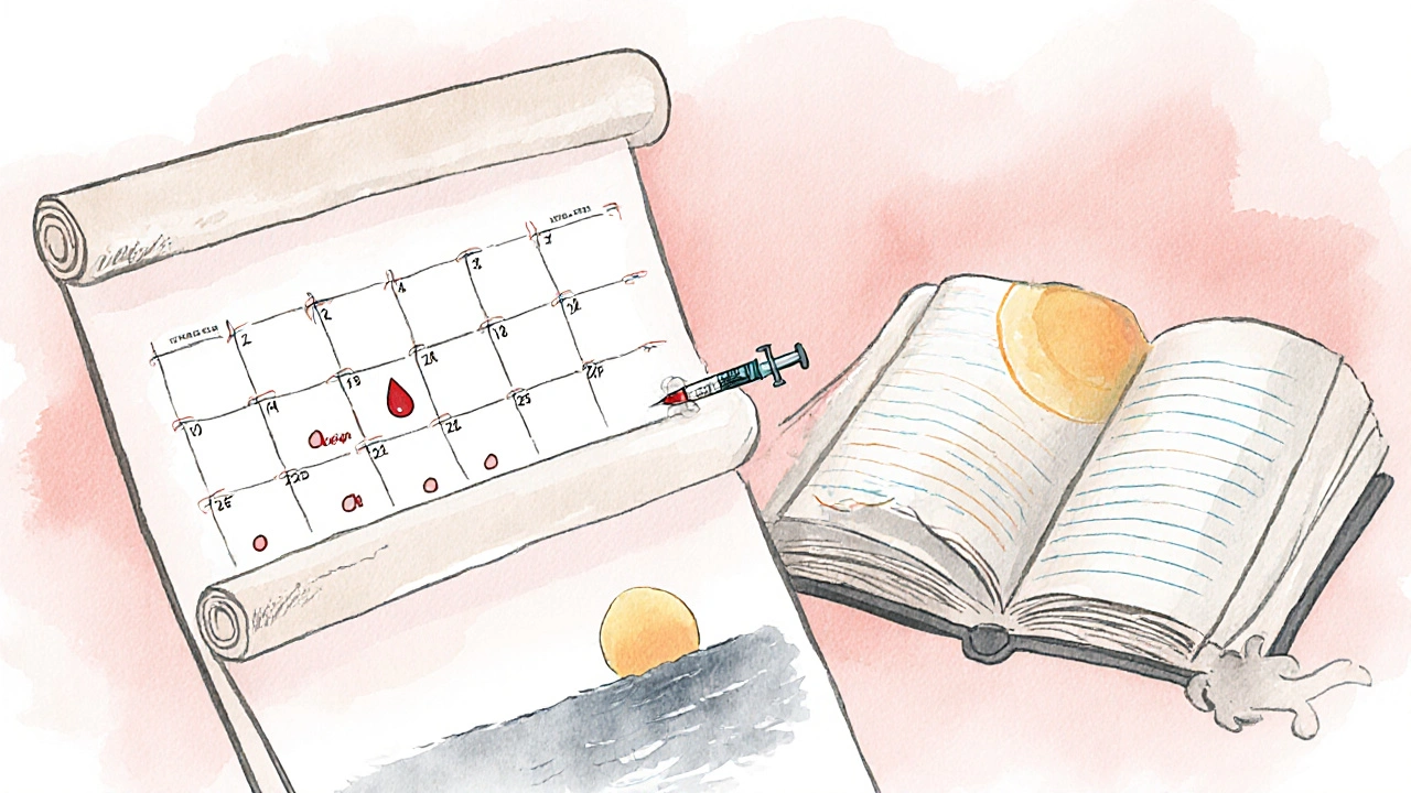 Monthly calendar with blood drops and patient journal showing 12-week progress