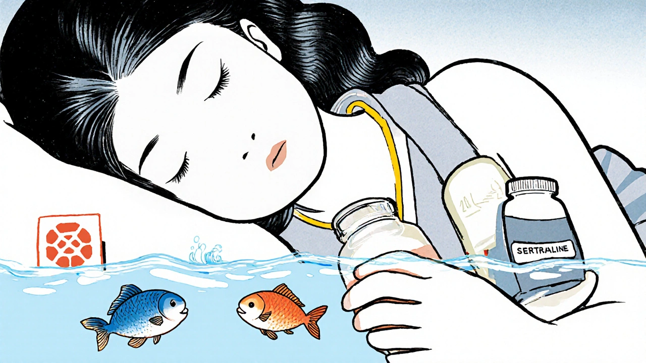 Newborn sleeping beside mother with fish-shaped drug molecules swimming in milk, blocked by a size barrier.