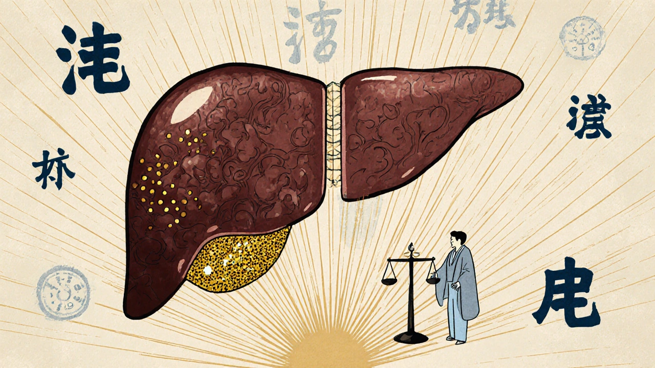 Ornate liver with TPMT enzyme particles and toxic buildup, patient beside it