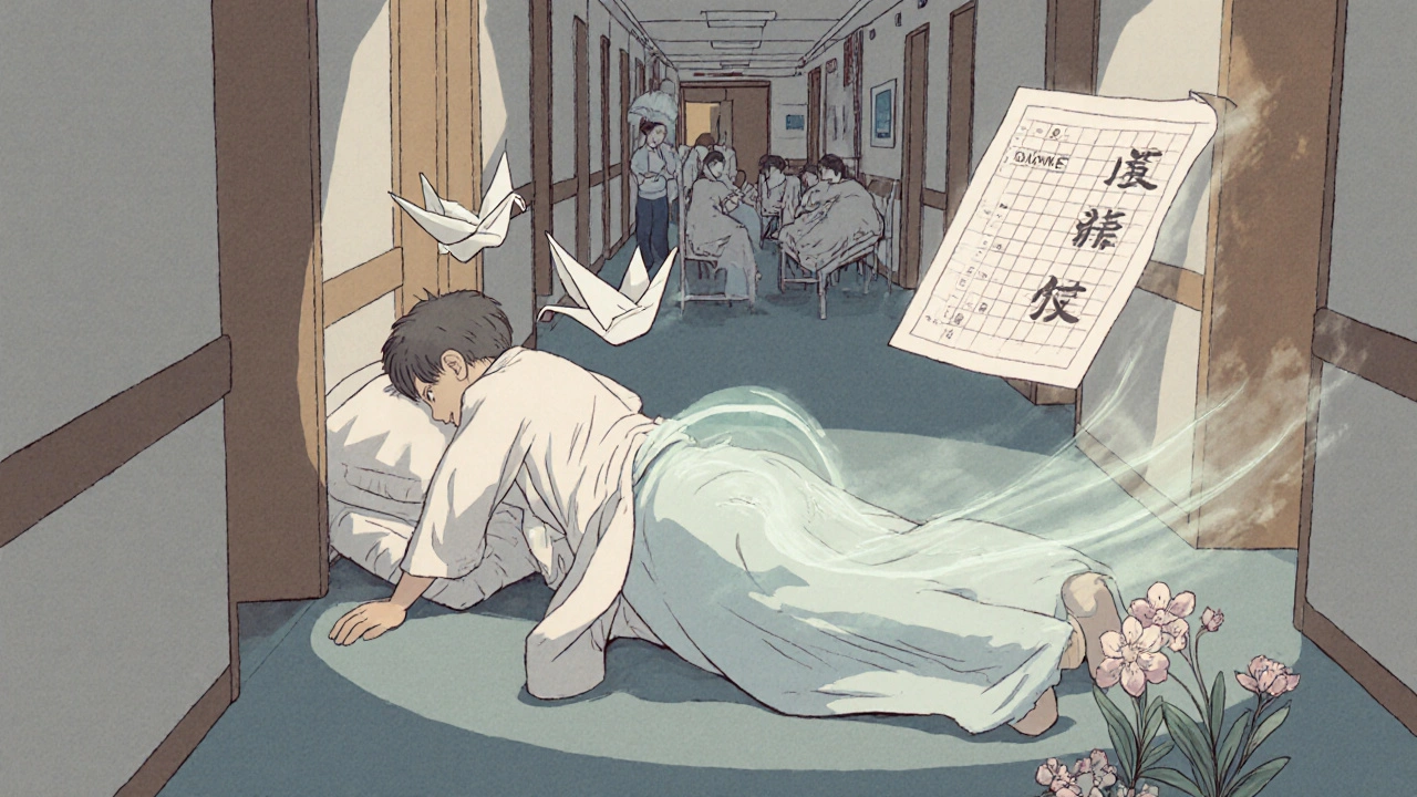 Patient collapsing as cortisol fades, medical chart like a paper crane with &#039;20 MME&#039; in kanji, recovery blossoms at feet.