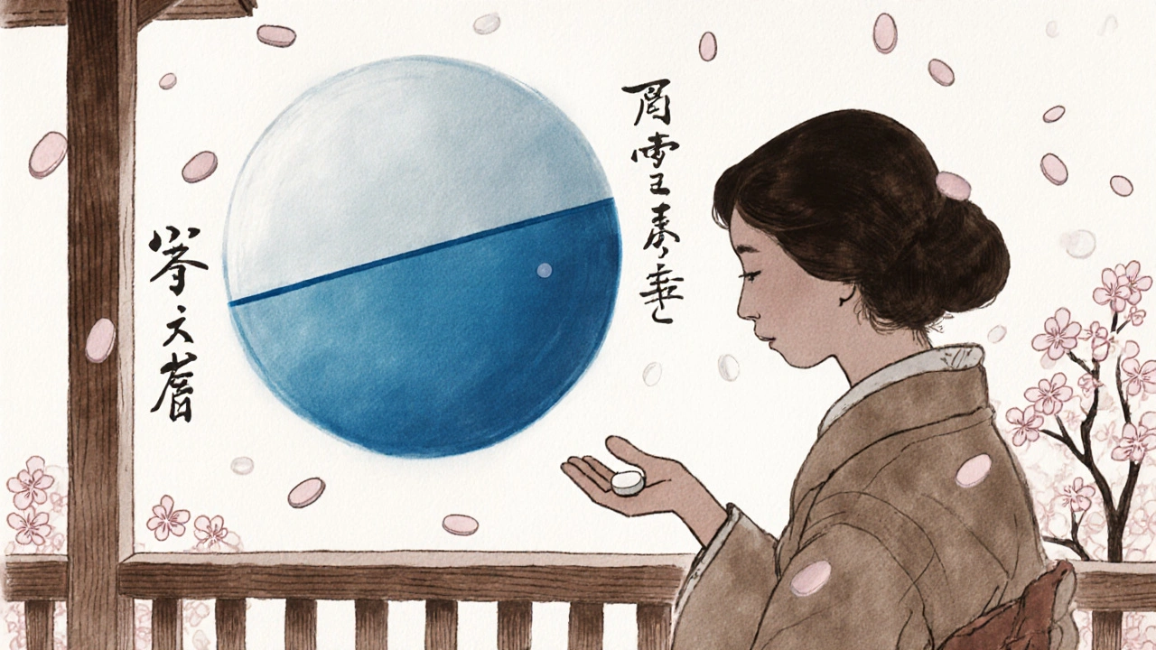 Patient holding a small white pill while remembering the branded version she trusted, surrounded by symbolic cherry blossoms.