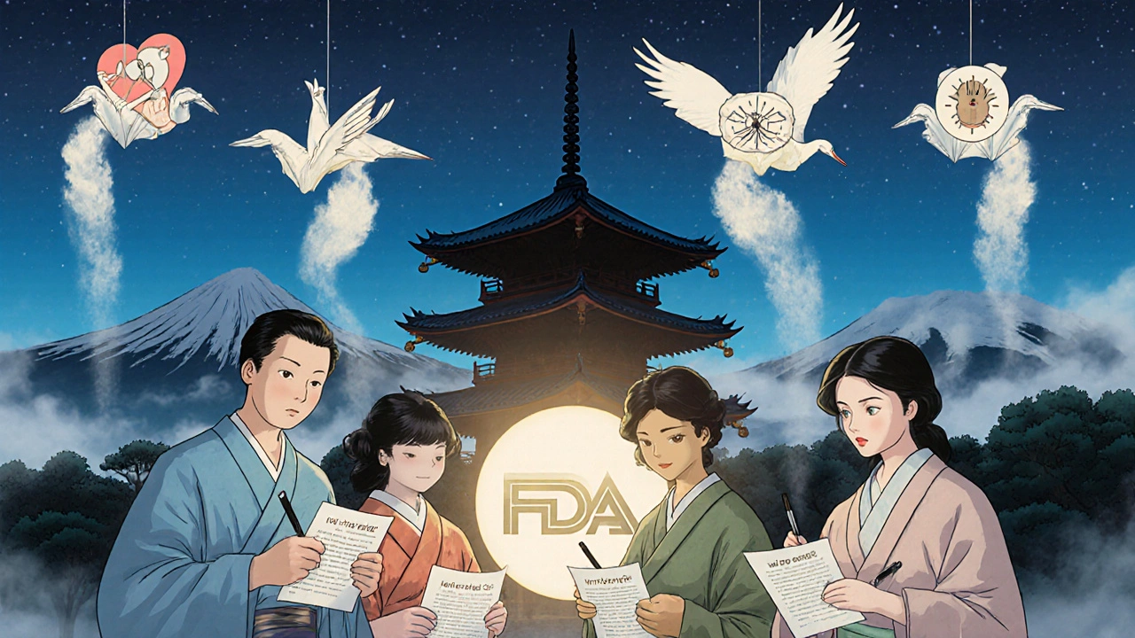 Patients reporting side effects as paper cranes rising toward an FDA pagoda logo