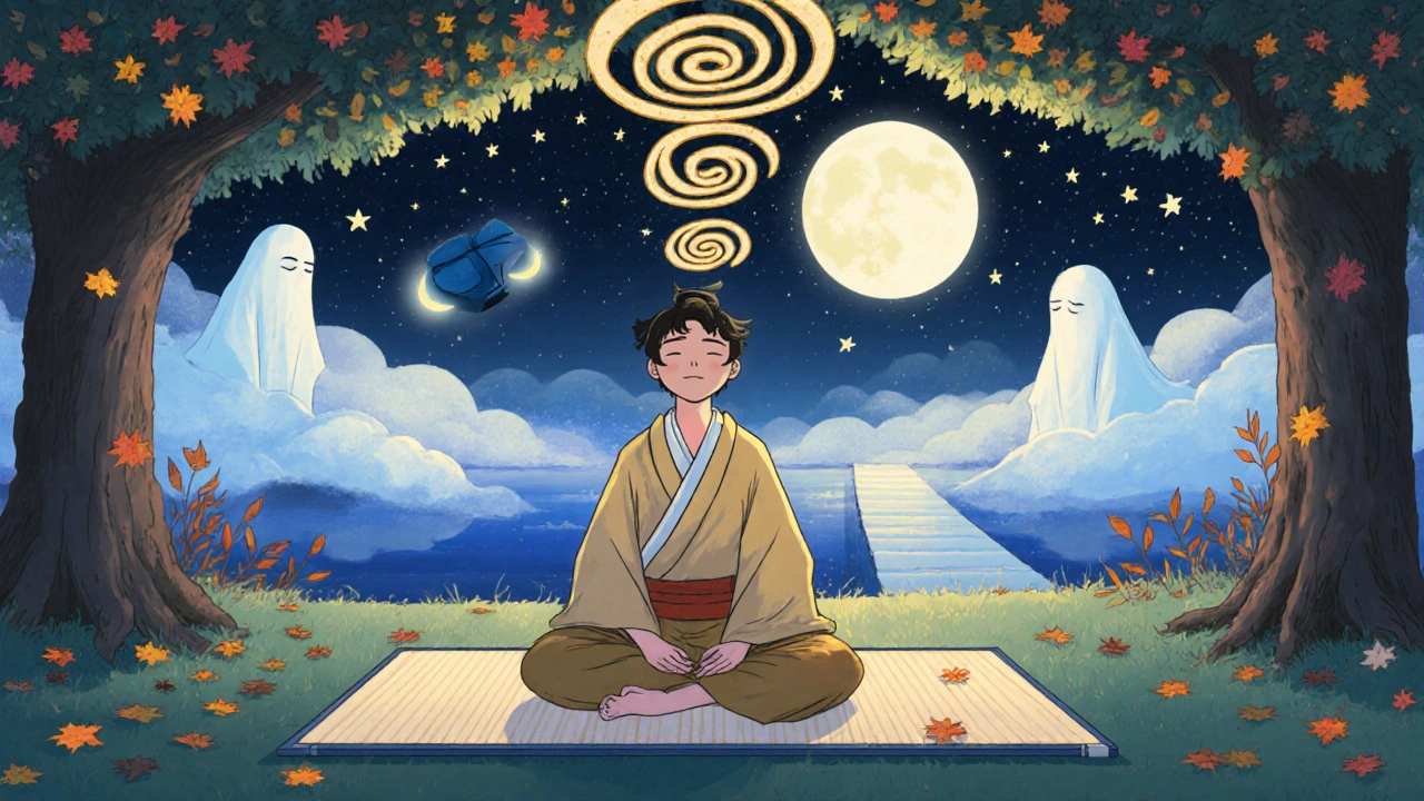 Person meditating under falling leaves, golden breath spirals rise as sleep troubles fade into mist.