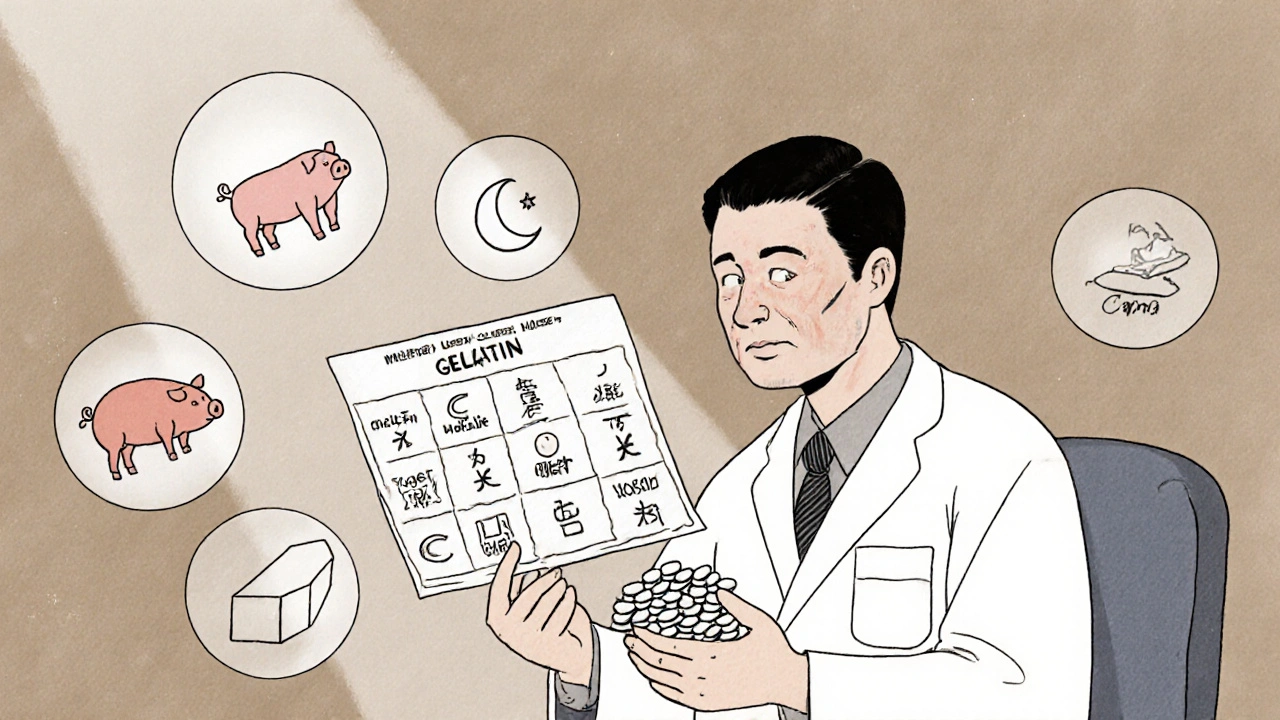 Pharmacist using pictograms to explain medication ingredients to patients from different cultural backgrounds.