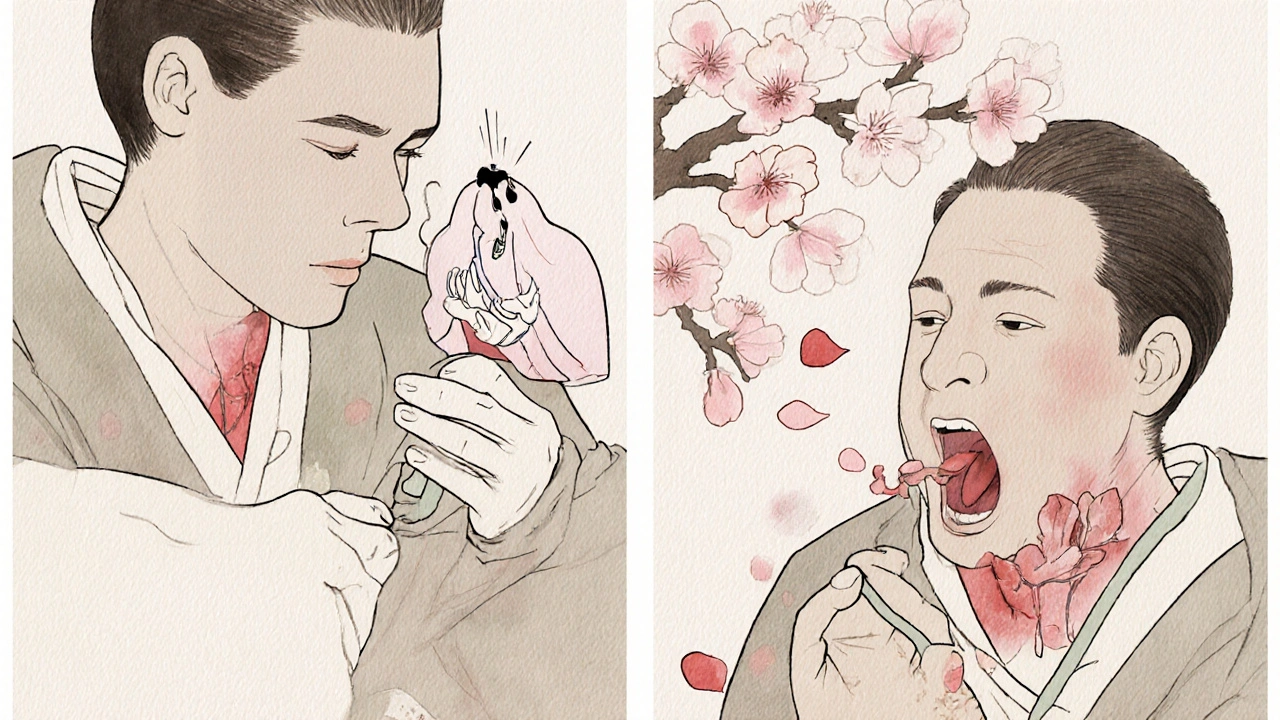 Surgeon performs a minimally invasive implant procedure with delicate ink lines and floating breath symbols, in ukiyo-e illustration style.