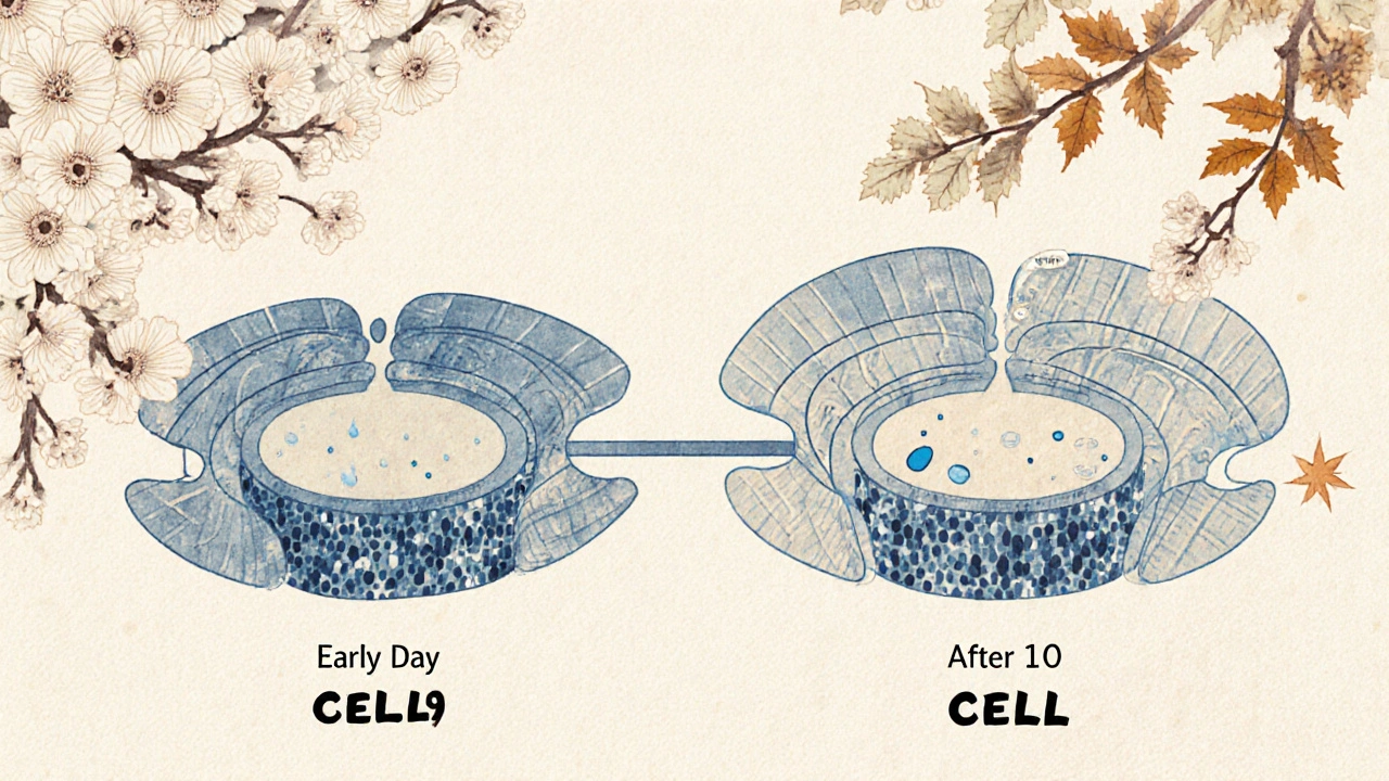 Timeline of breast tissue changes after birth, showing wide gaps closing over time with medicinal droplets.