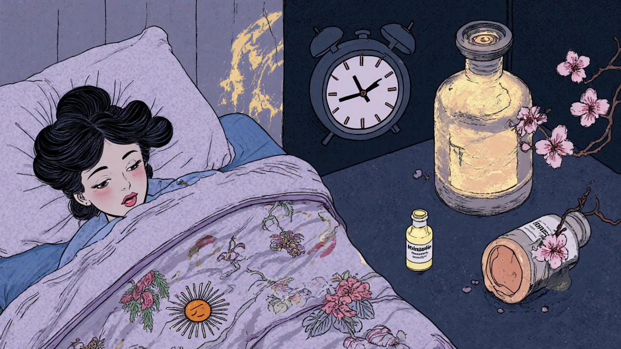 Woman sleeping peacefully with melatonin vial glowing beside bed, discarded Benadryl bottle in corner.