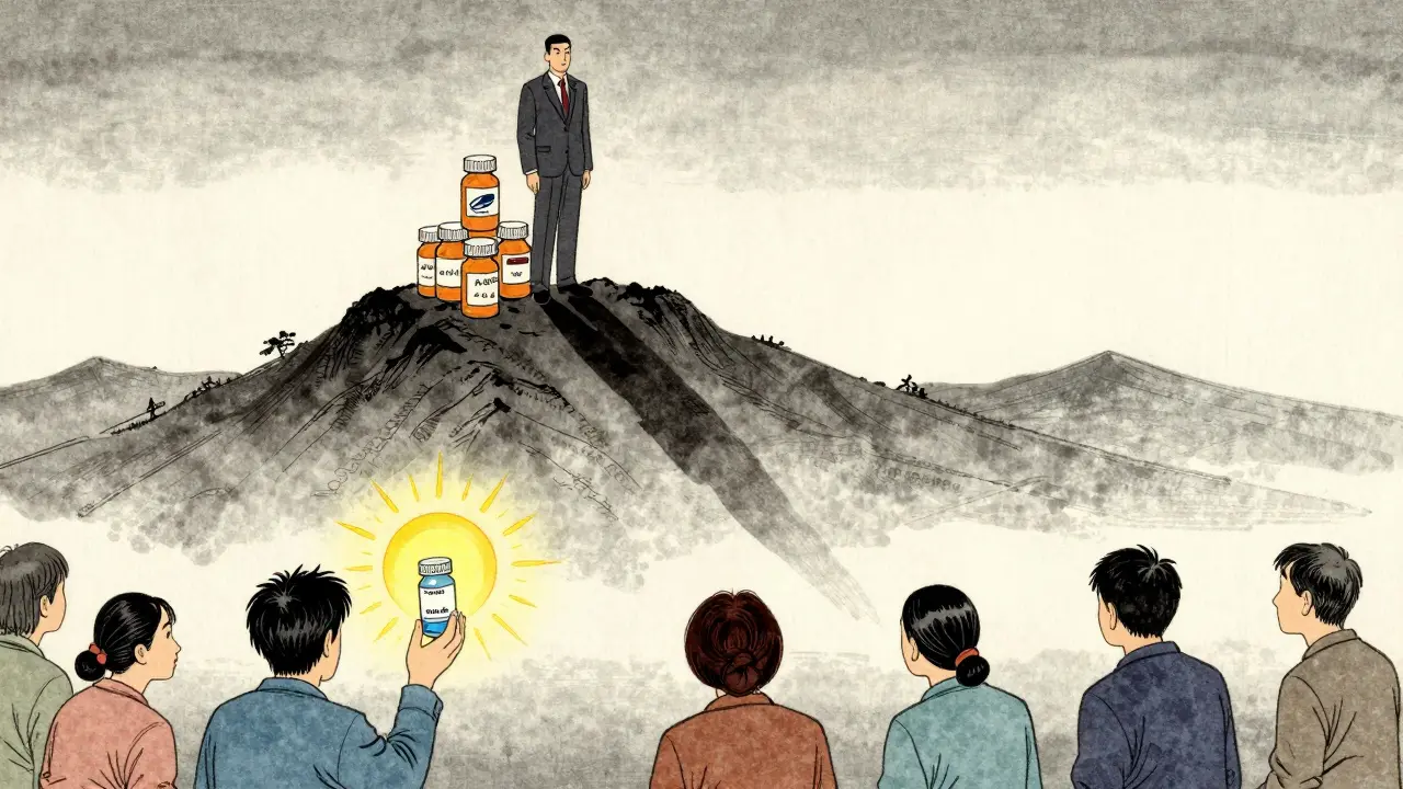 A corporate figure towers over patients, one holding an authorized generic pill under a sunbeam.