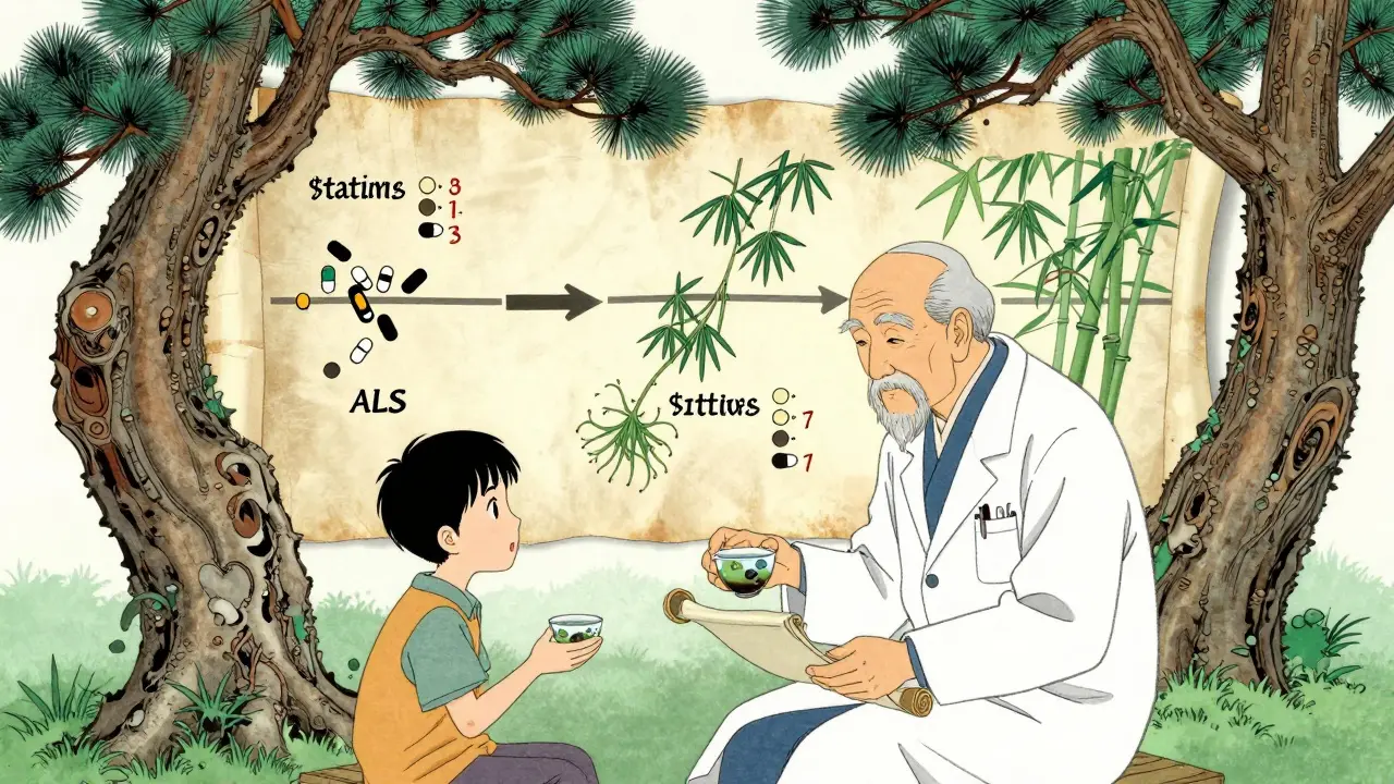 A doctor and patient share tea under a pine tree, with a scroll showing timelines of statins and ALS relationships.