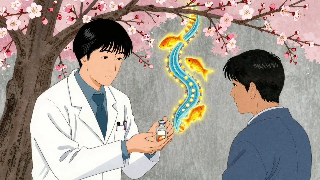 A doctor gives medicine under a plum tree as golden neurotransmitter fish swim along a spinal river.