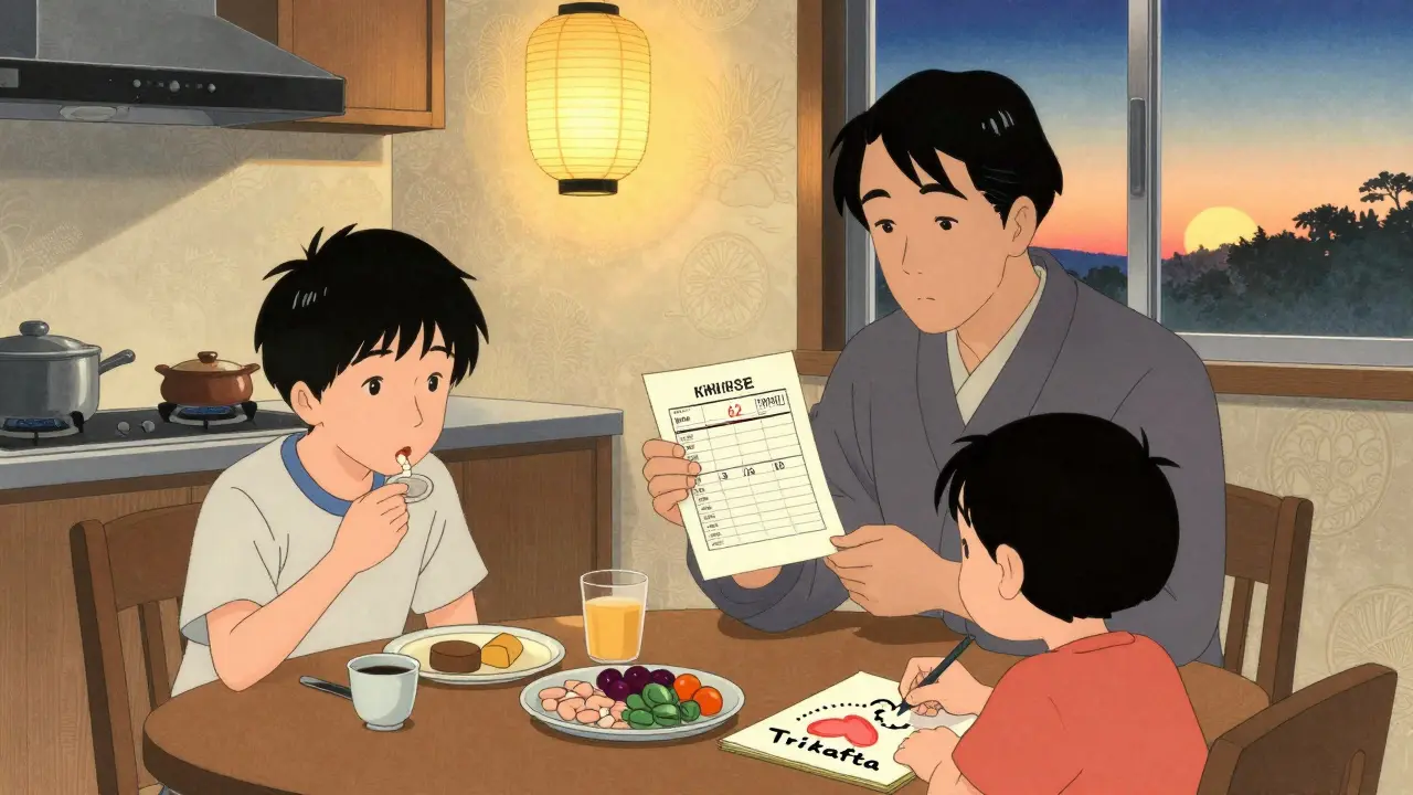 A family at breakfast with enzyme pills and a sweat test report, bathed in warm morning light.