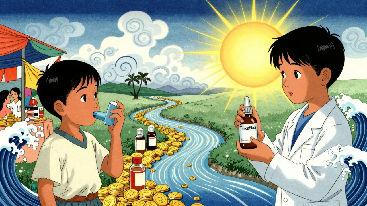 A global contrast of CF care access, with one child in Nairobi and another in the U.S., framed by traditional clouds.