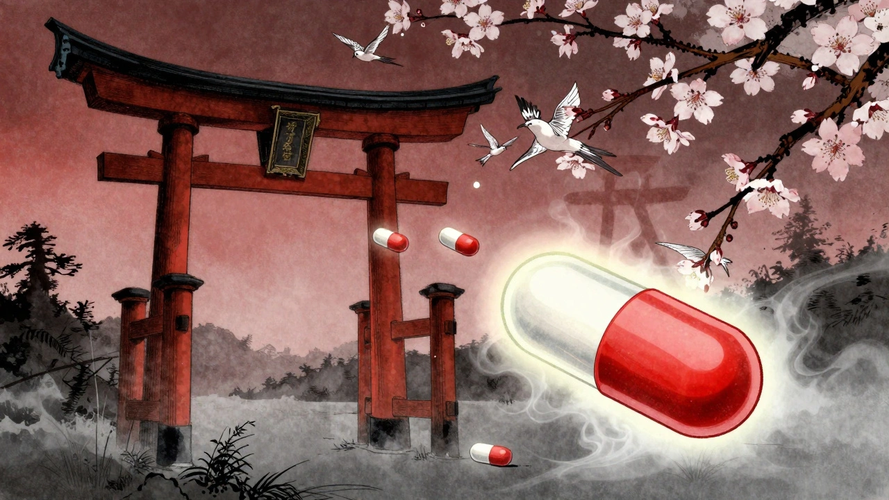 A liver depicted as a torii gate with pills blocked by a quercetin capsule in traditional Japanese ink style.