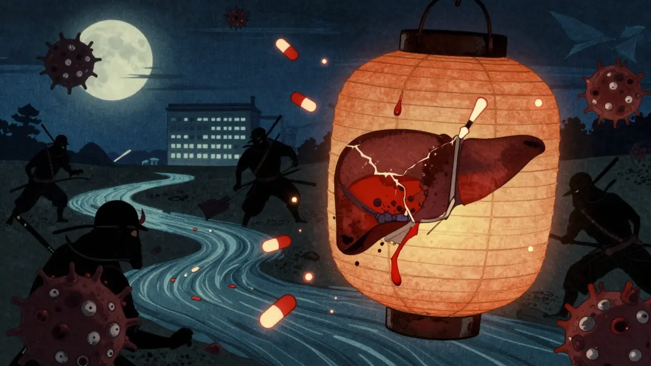 A liver shaped like a lantern cracks and bleeds ink, while immune warriors battle chemical fragments in a moonlit scene.