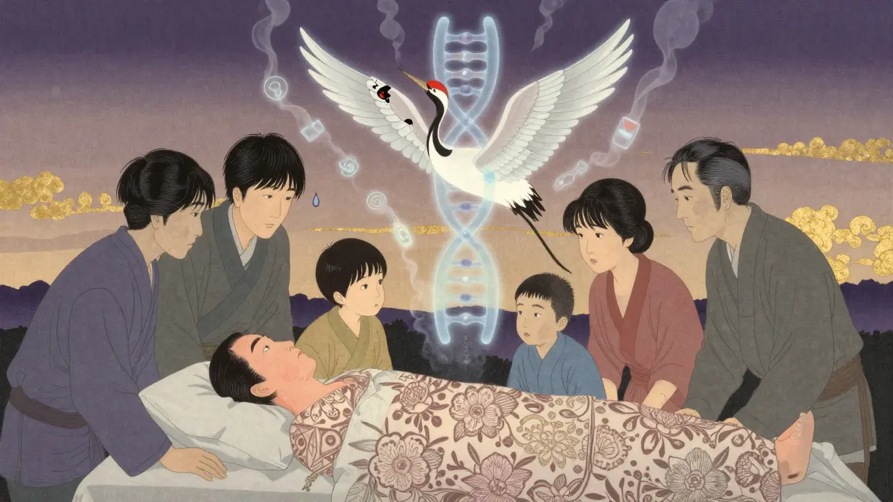 A patient's rash mirrors floral patterns as a broken crane symbolizes genetic risk, under a twilight sky.