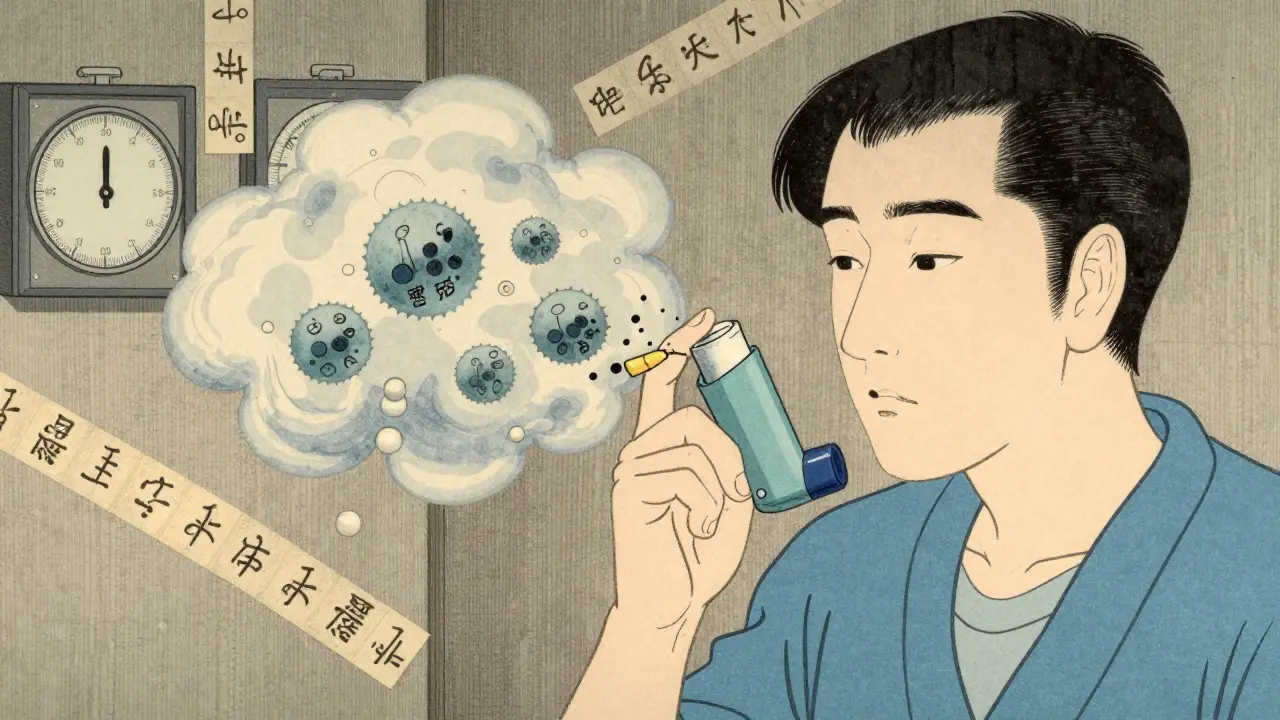 A patient using an inhaler as microscopic drug particles drift toward their lungs.