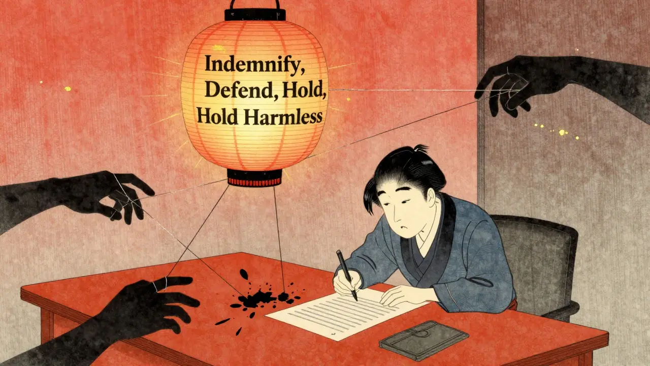 A person signing a contract as shadowy hands pull strings from the parchment, with a lantern casting fragmented light.