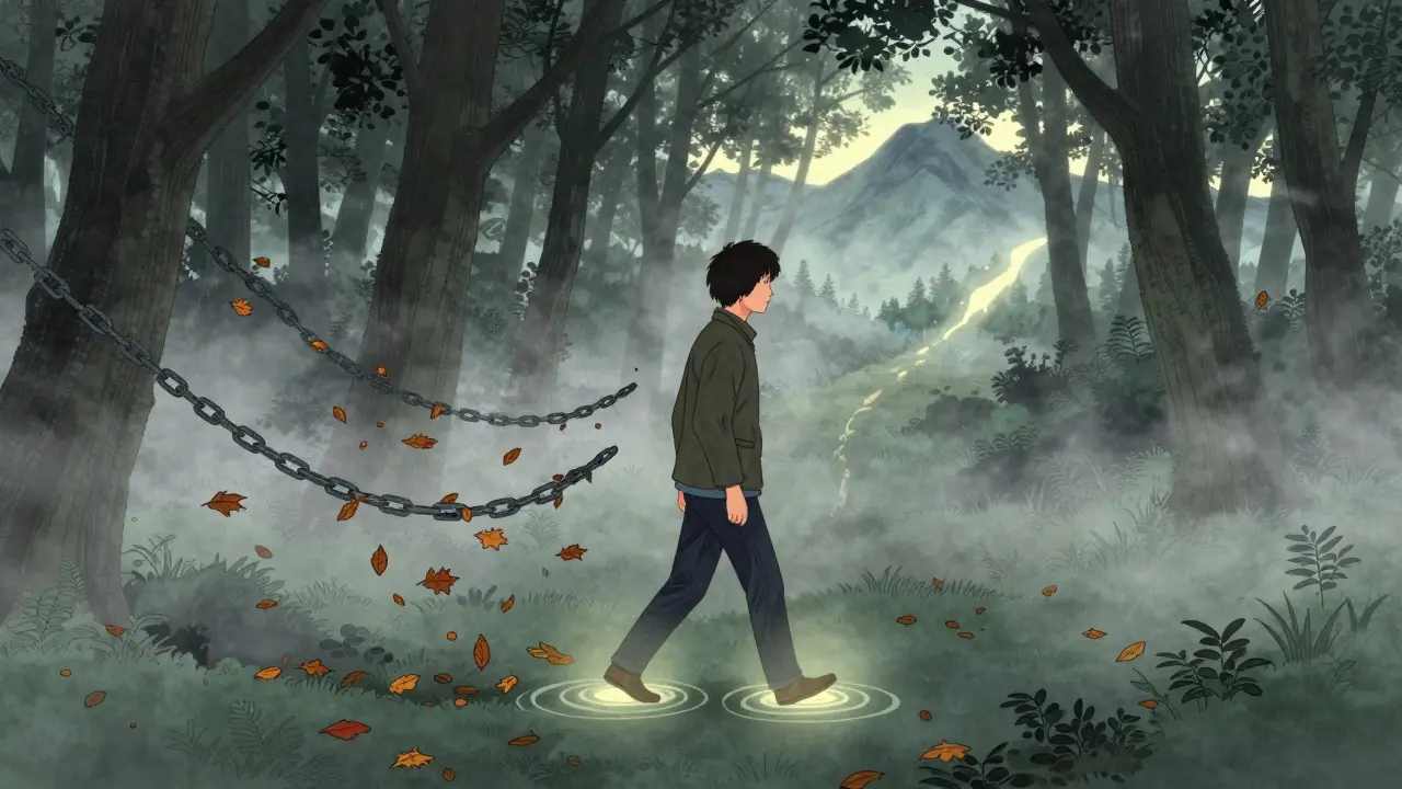 A person walks through misty forest as fatigue chains dissolve into leaves, symbolizing gradual pain relief.