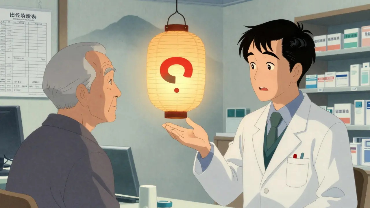 A pharmacist and patient conversing with a floating lantern revealing identical pill shapes inside.