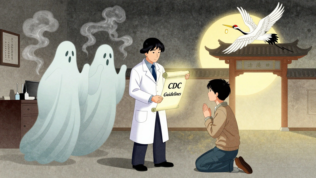 A pharmacist holding trusted medical guidelines as misleading influencers fade away, with a patient seeking safe advice.