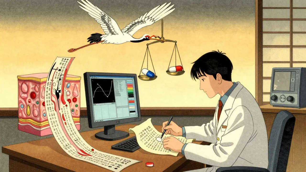 A scientist surrounded by PBPK models and skin tape-strips under golden twilight.