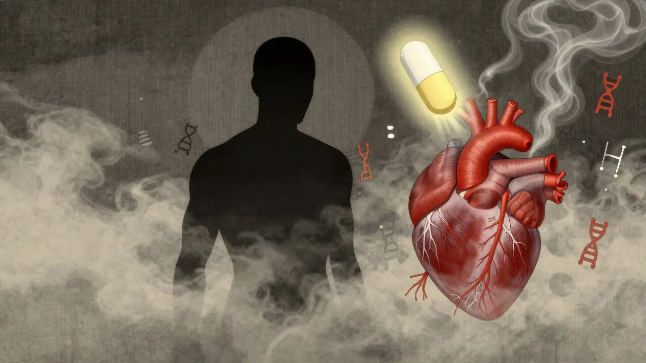 A statin pill casts protective light over a heart and nervous system as a shadowy ALS form dissolves into mist.
