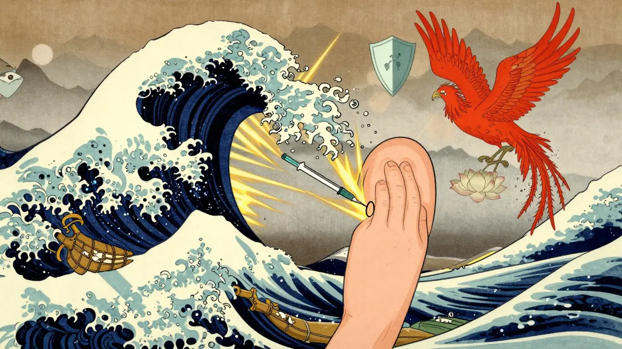 A stylized arm receiving Shingrix with golden energy waves and protective symbols.