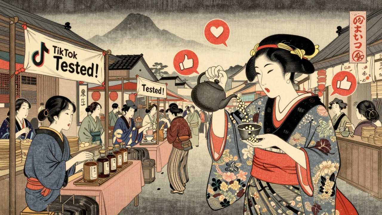 A traditional marketplace where vendors sell unverified health products amid floating social media engagement icons.