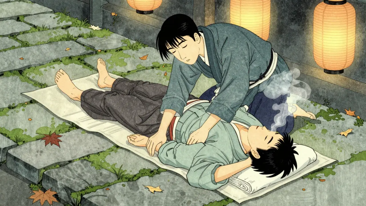 An unconscious person safely placed in recovery position on a path, surrounded by falling leaves and glowing lanterns.