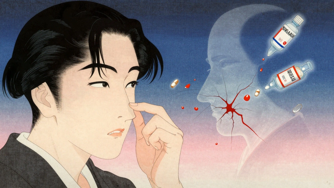 Blood droplets fall like petals as someone pinches their nose, with medication bottles dissolving into mist.