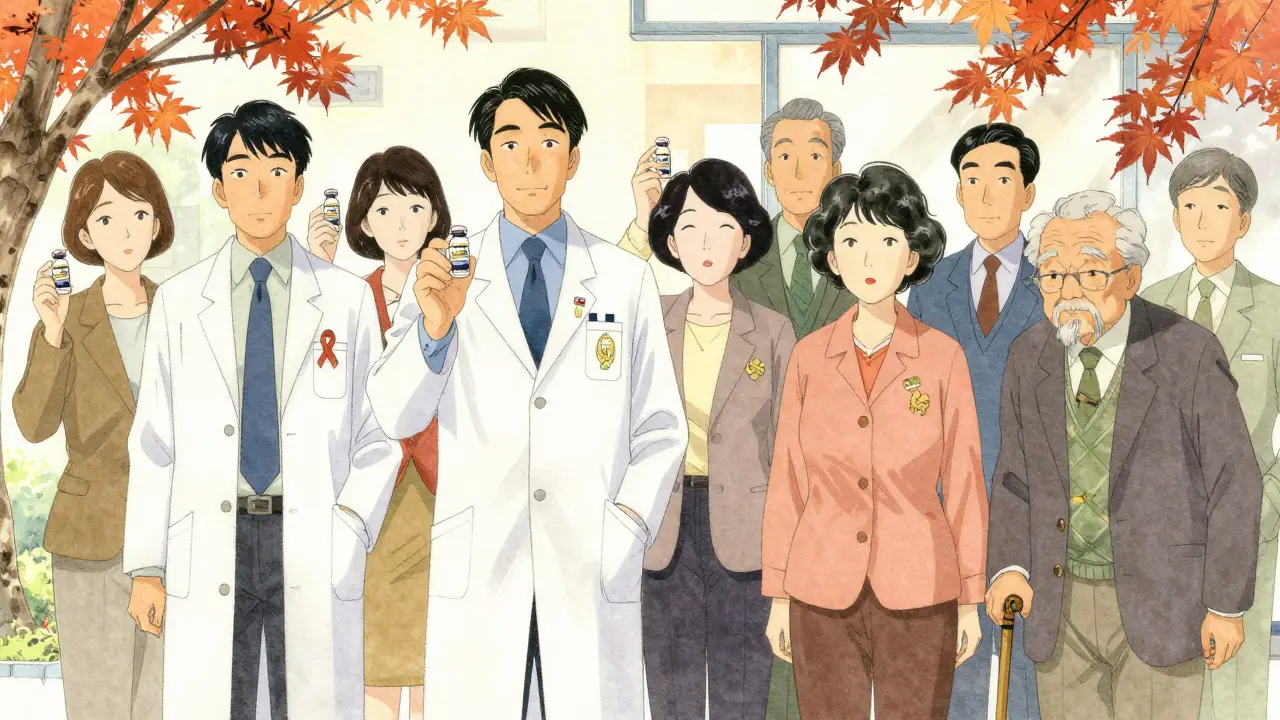 Diverse adults waiting for Shingrix vaccine outside a clinic, symbols of health conditions visible.