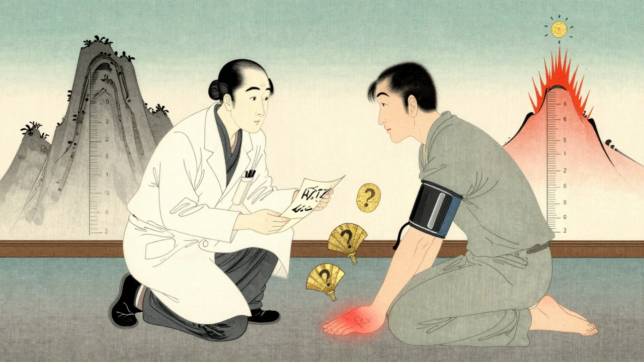 Doctor holding HCTZ scroll as patient suffers swollen toe, with floating question mark fans.