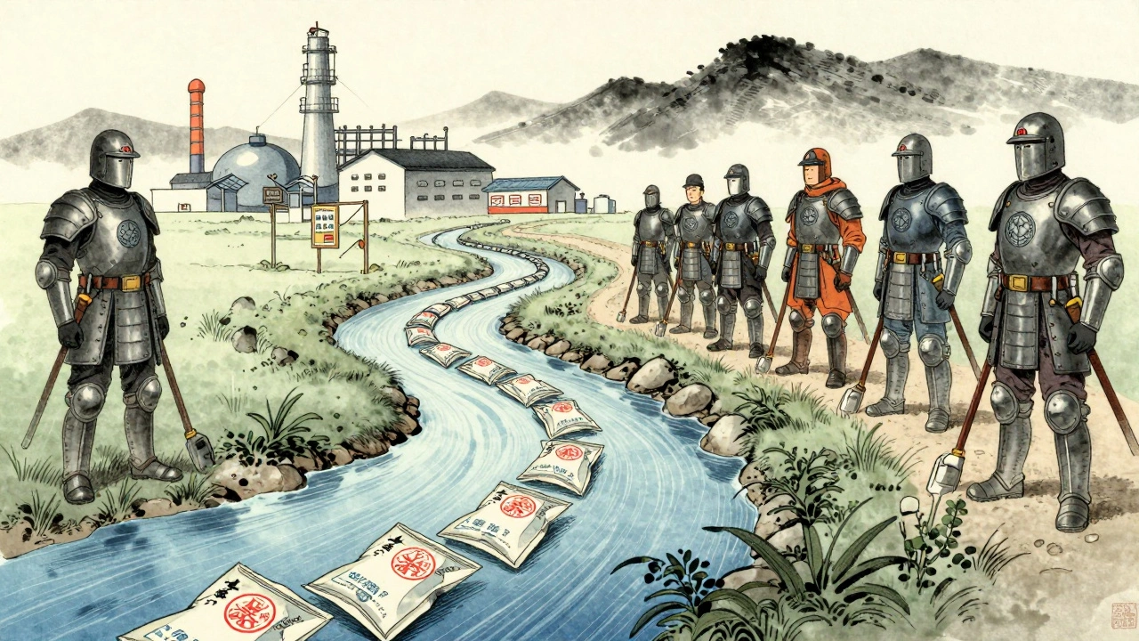 Drug packages flowing along a river guarded by figures with EPCIS symbols, set in a misty Ukiyo-e landscape.