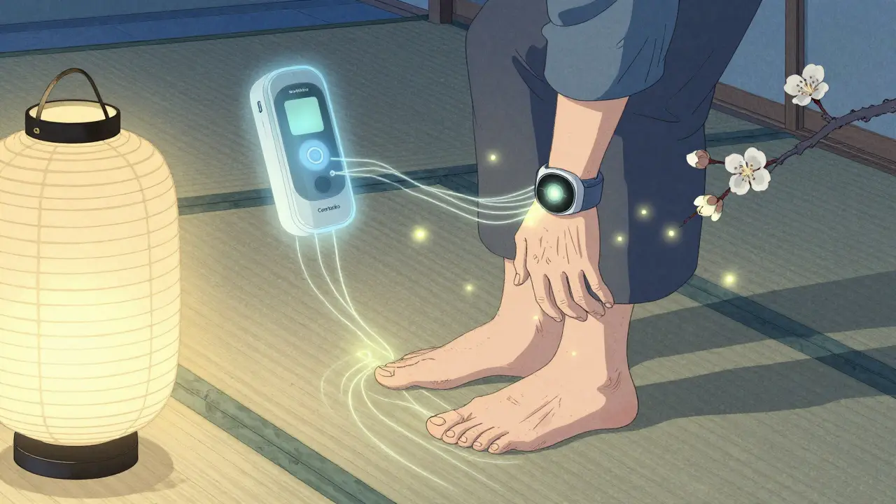 Elderly person doing home balance exercises at dawn, with glowing steps and a gentle wearable device above their arm.
